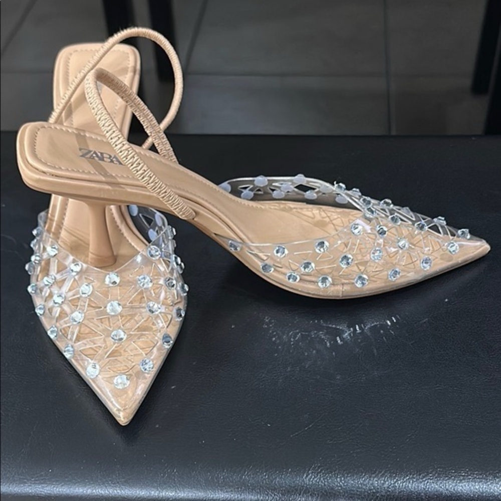 Zara Women's Tan Heels with Silver rhinestone